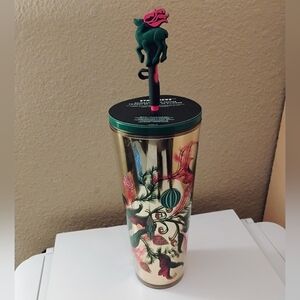 New Starbucks 24 Oz Decorative Topper Statement Cup Pink Reindeer
